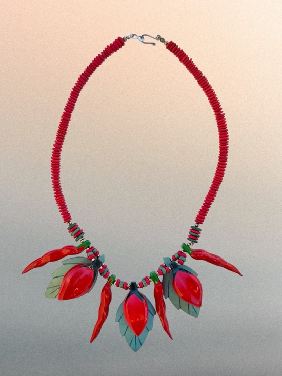 Hand Crafted Jewelry - Hand Crafted Red Pepper and Green Leaf Wooden Beads Statement 20” Necklace